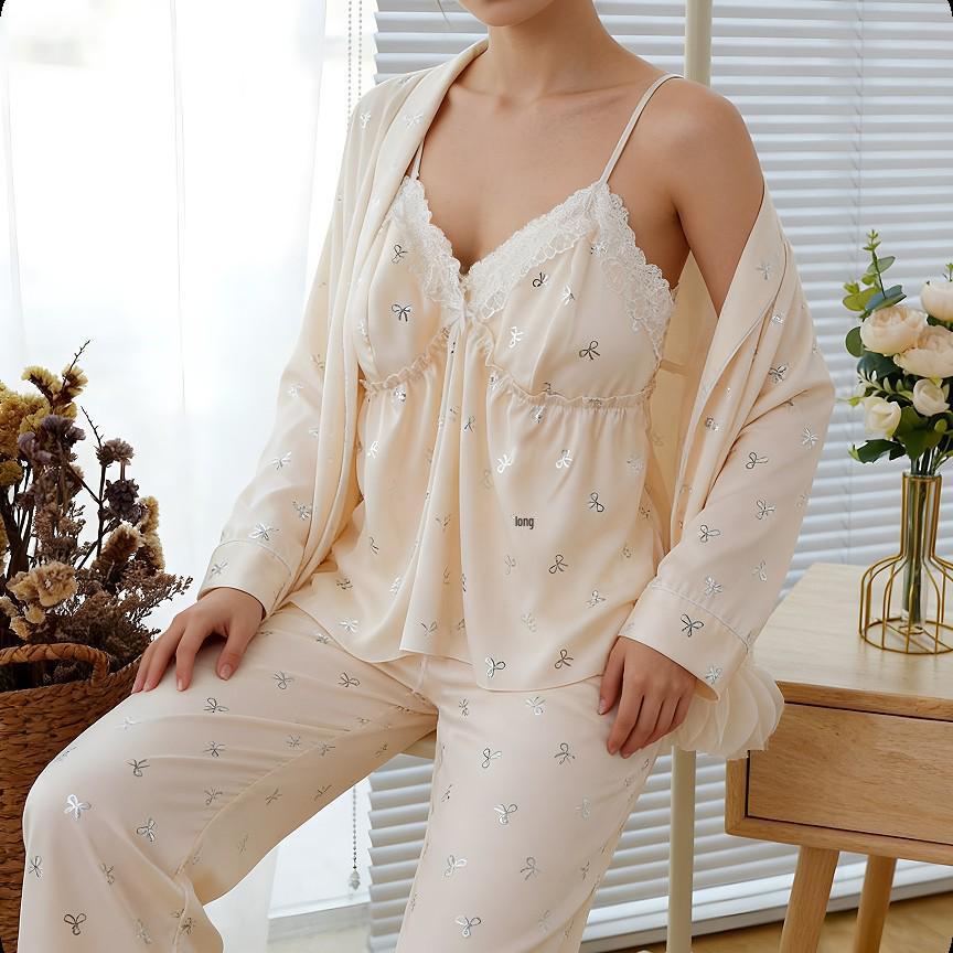 Women's Summer Ice Silk Long Sleeve Pajama Set with Chest Pad - Four-Piece Fun & Sexy Home Wear