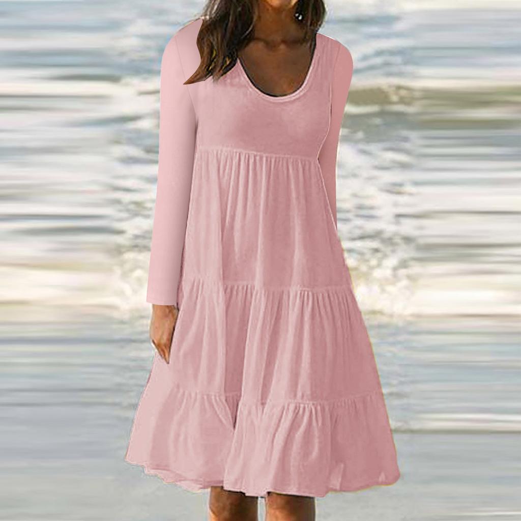 Women's Fashion Long Sleeve Round Neck Color Big Swing Beach Dress