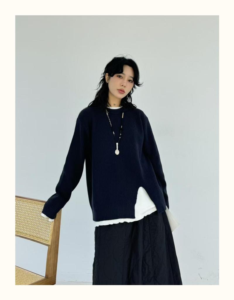 Becabeau Women's Winter Loose Knit Sweater, Plus Size, Korean Casual Style, Split Design, Crew Neck