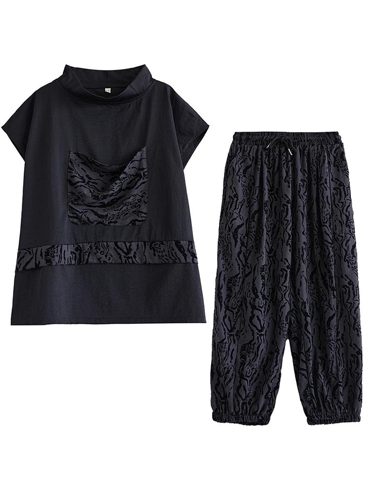 Xitao Pocket Patchwork Print Pant Sets LJ1088