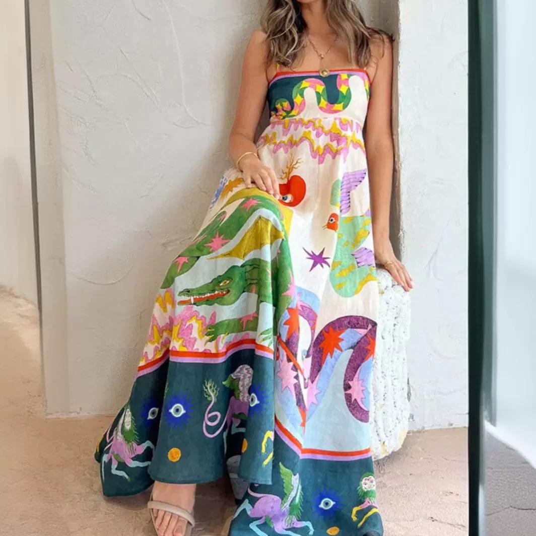

Женский пляжный сарафан в стиле бохо с цветочным принтом без рукавов, летнее макси-платье на тонких бретельках, повседневное присборенное струящееся платье А-силуэта, длинные вечерние платья для женщин 2XL