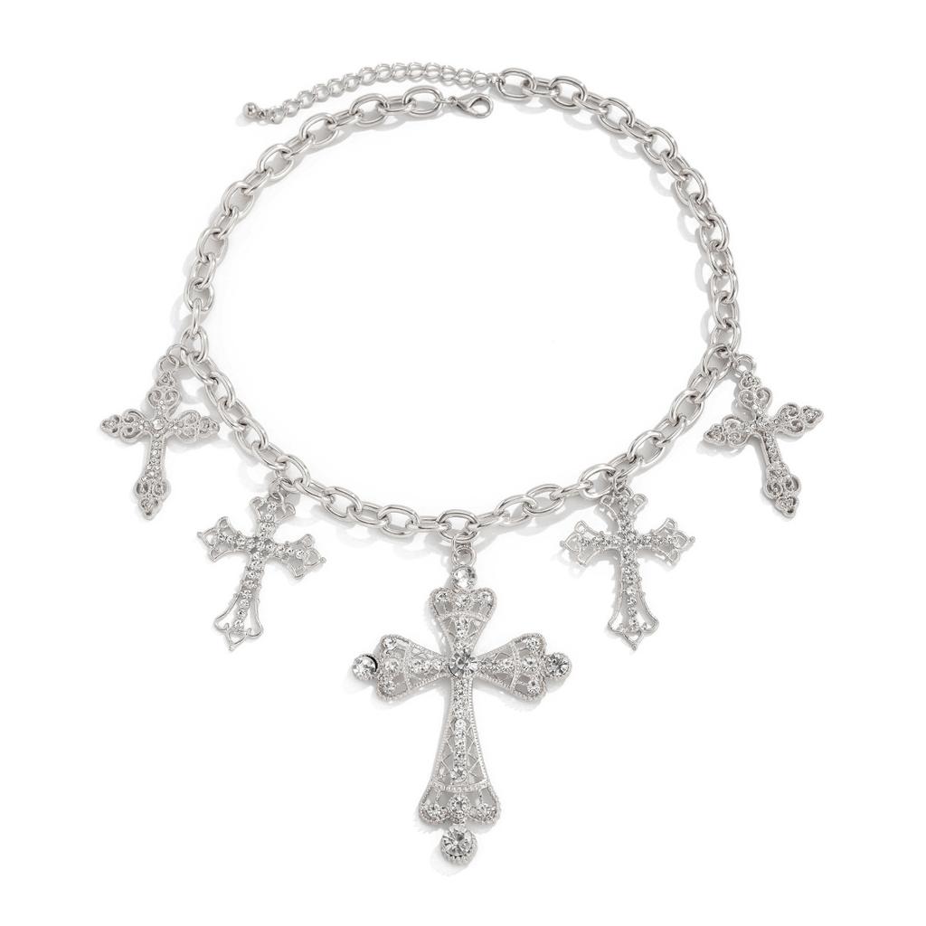 Hip-Hop Punk Style Diamond-Encrusted Cross Pendant Necklace, Fashionable Metal Thick Chain Collarbone Necklace.