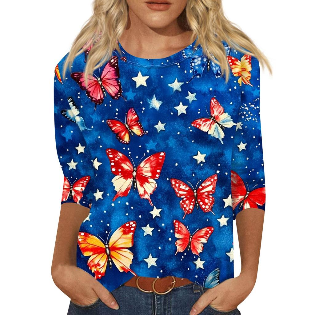 Women's Fashion Casual Round Neck 3/4 Sleeve Loose Printed T-Shirt Ladies Top