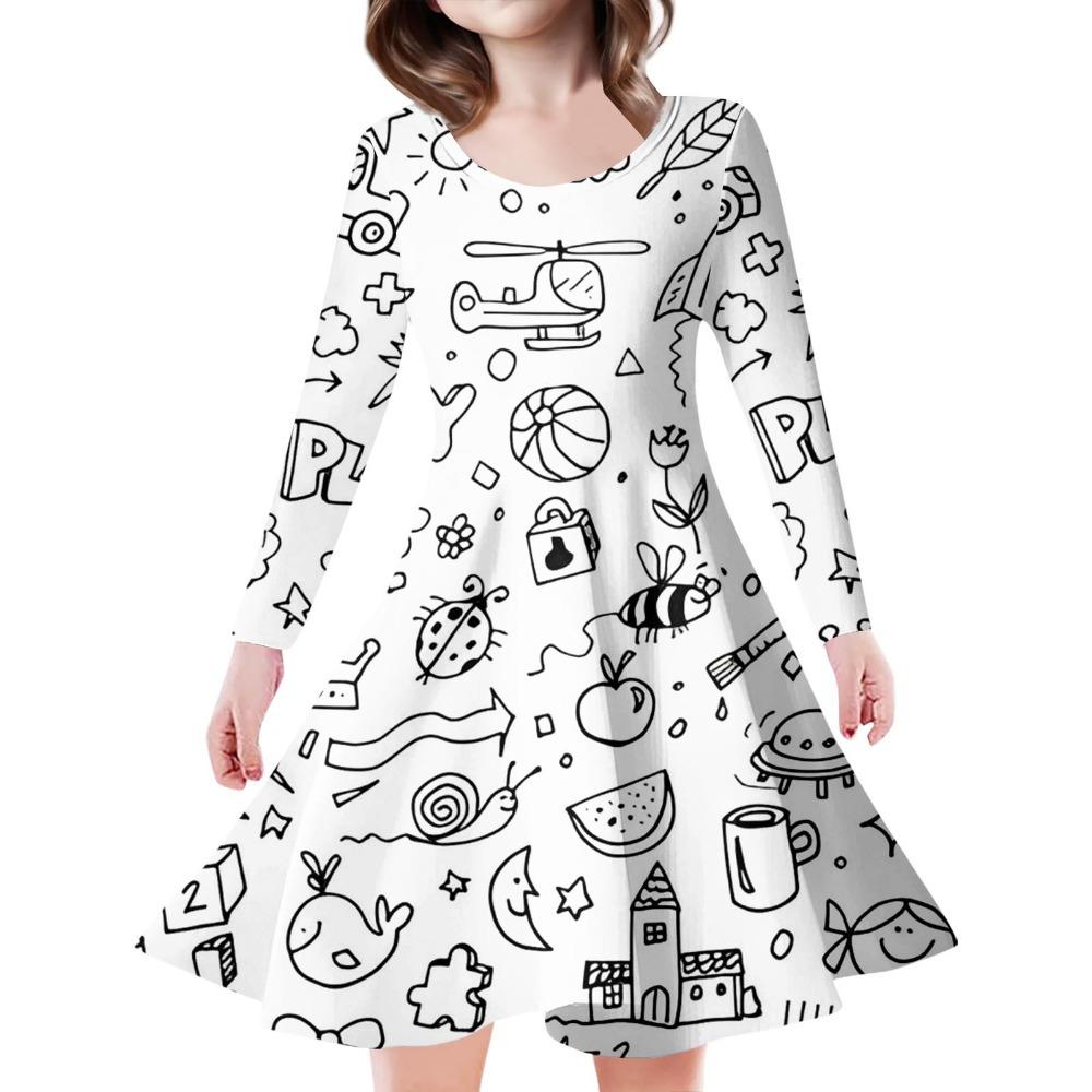 Girls' 3D Cake Doodle Dress Long Sleeve Summer Spring Vacation Daily Holiday Princess Beautiful Sweet Kids 4-12 Years Casual Dress A Line Dress