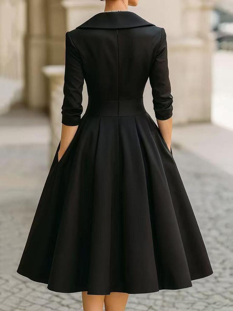 2026 European & American Wide-Hem Slimming Long-Sleeve Waist-Cinching Dress