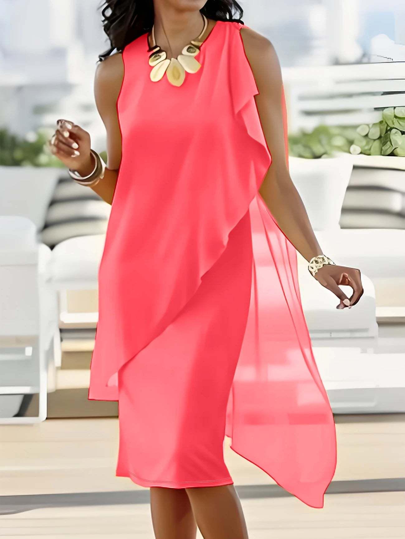 2025Wish Summer Urban Female Elegant Irregular Chiffon Sleeveless Dress XL розовый