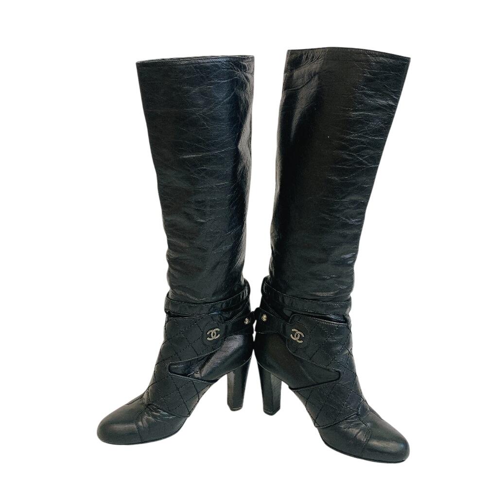 Chanel Botas de cano alto G25325 COCO Marca Bicolore botas de couro couro preto Usado