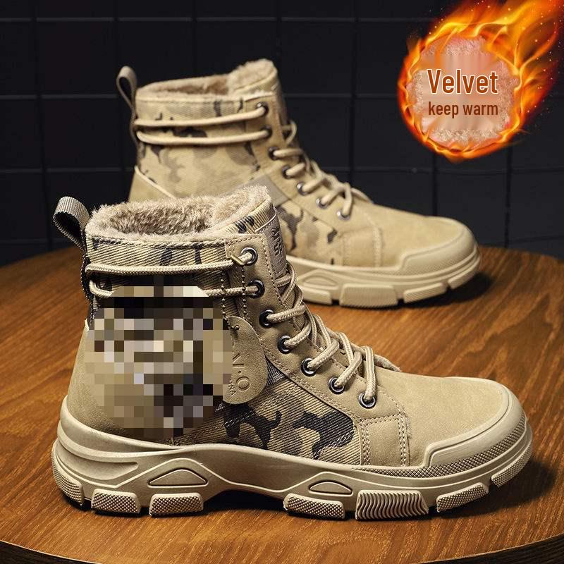 Men's High Top Camouflage Canvas Martin Boots - Autumn/Winter, Warm Cotton, Plus Size Snow Work Boots