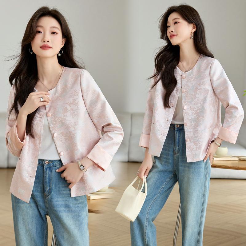 

Весна 2025 Элегантное женское короткое жаккардовое пальто - Новый китайский стиль, Повседневная мода XXL (130-140 jin) розовый