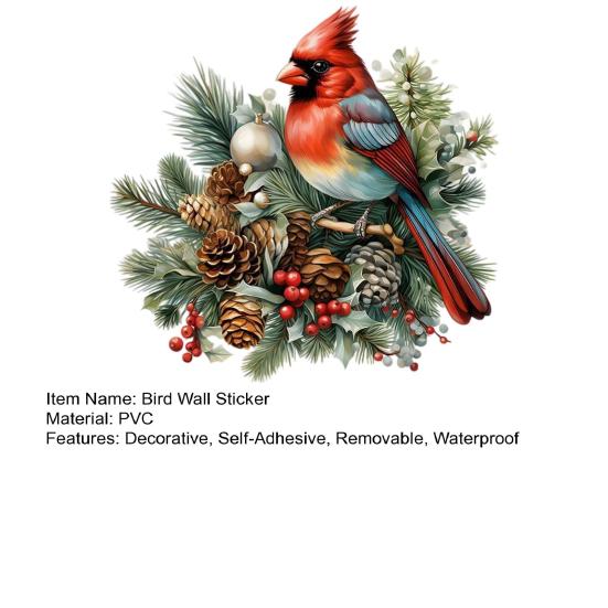 Holiday Pine Branch Stickers Christmas Bird Wall Sticker, Decorative PVC Decal with Cone And Nature Themed Party Art Red Berry, Waterproof Peel