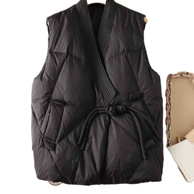 Autumn and Winter Light Down Cotton Clothes Vest Buckle Cross Neck Padded Cotton Vest Women's Retro Mother Winter Coat