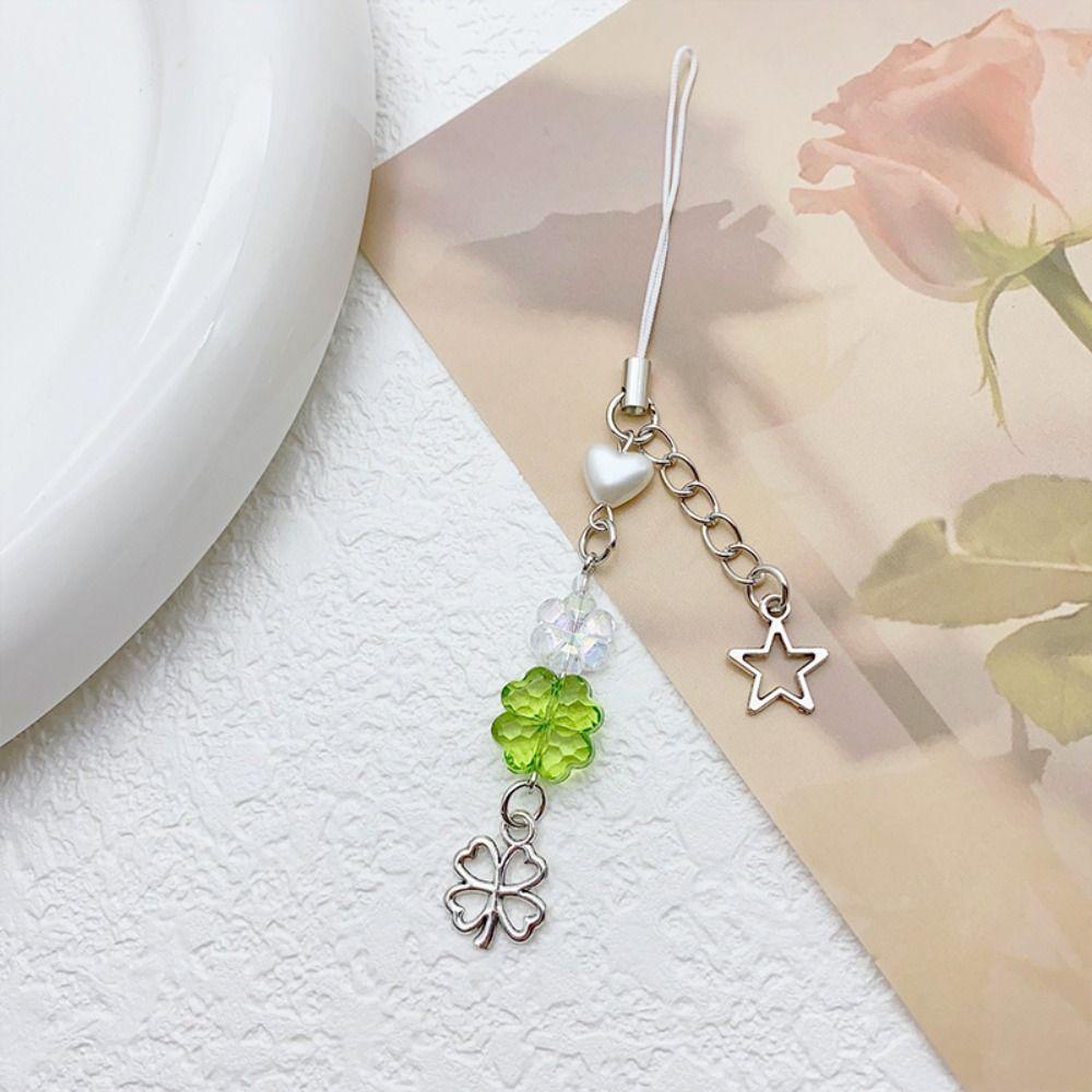 Summer Lucky Grass Phone Charms Green Four-leaf Clover Beaded Keychain Bag Pendant   Gifts