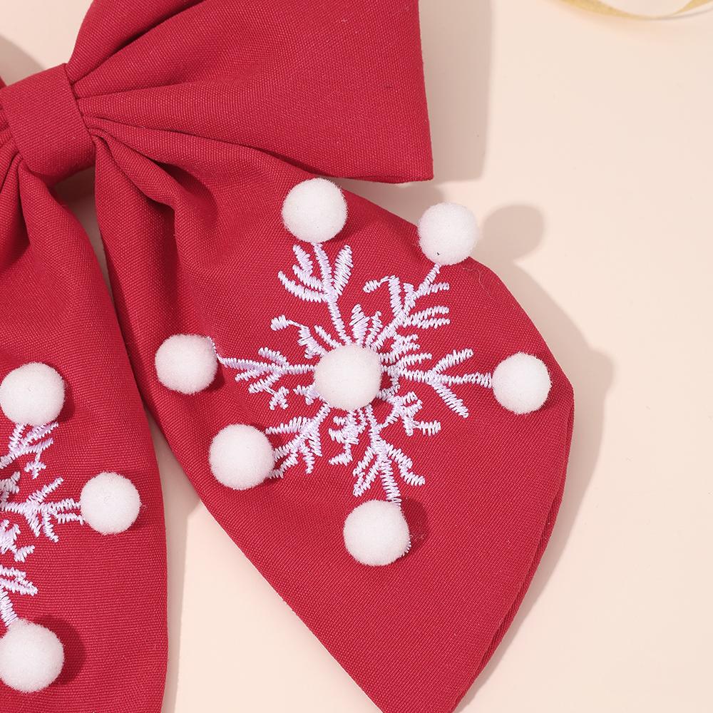 Christmas Red Bow Hair Clip For Girls Snowflake Embroidery Barrette With White Pom-pom Xmas Holiday Party Hair Accessories Gifts