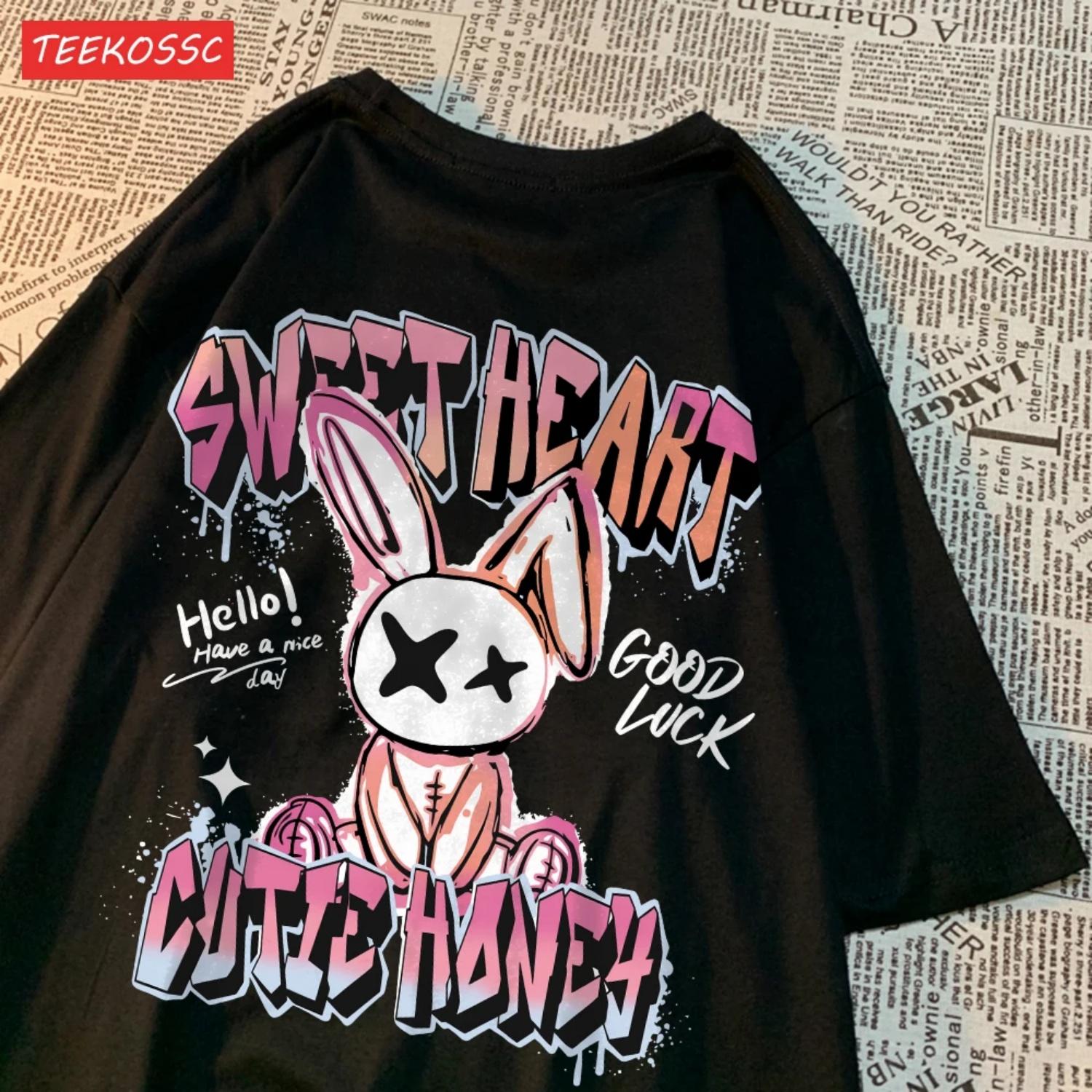 

Cotton Women S T-Shirts Sweet Heart Rabbit Cartoon Letter Prints Short Sleeve O-Neck Soft Breathable Summer Female Clothes XXXXXL