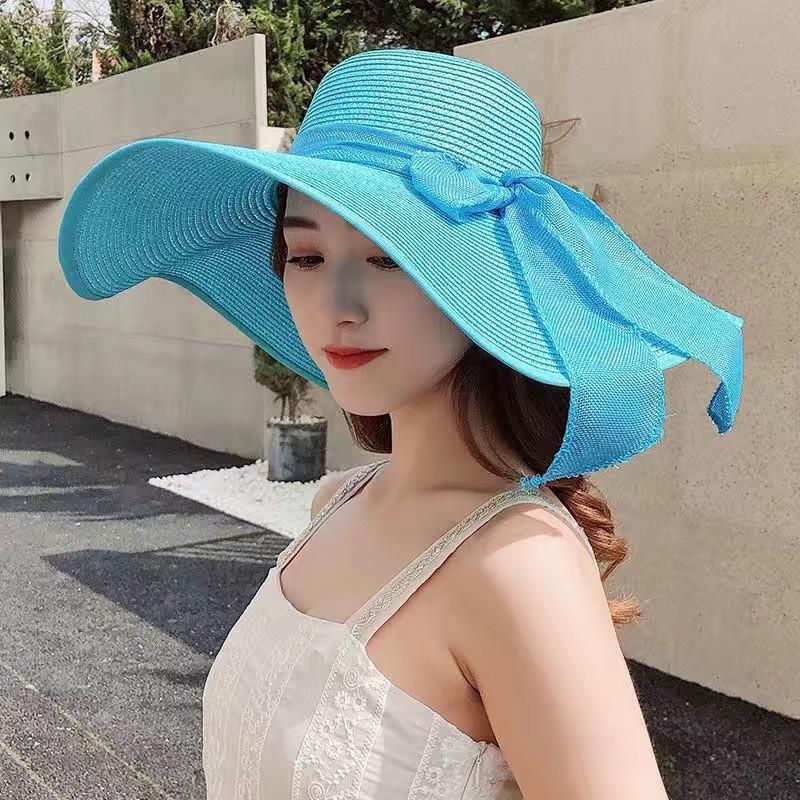 Hat Women's Spring and Summer New Large Brim Straw Hat Summer UV Protection Sun Protection Hat Foldable Bow Sun Hat