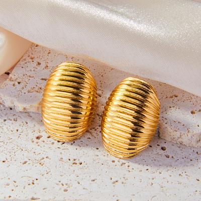 Stylish Simple Striped Oval Stud Earrings Titanium Steel Plated 18K Gold Temperament Retro Earrings Women