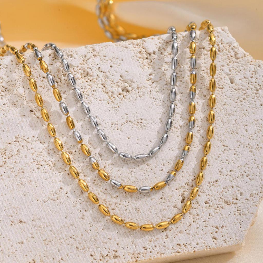 Women Olive Bead Chain Necklace, Stainless Steel Two Tone Beaded Chain Zircon, Minimalist Party Necklaces Gift
