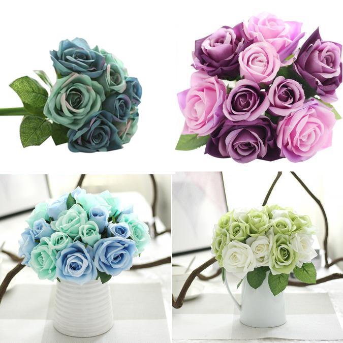 Cheap 9 Heads Artificial Silk Fake Flowers Leaf Rose Wedding Floral ...