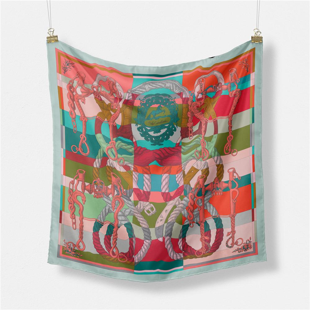 Twill Silk Scarf Woman Rope Chain Painting Square Scarves Wraps Bandana Small Hijab Silk Foulards Tie Headband Neckerchief 53CM