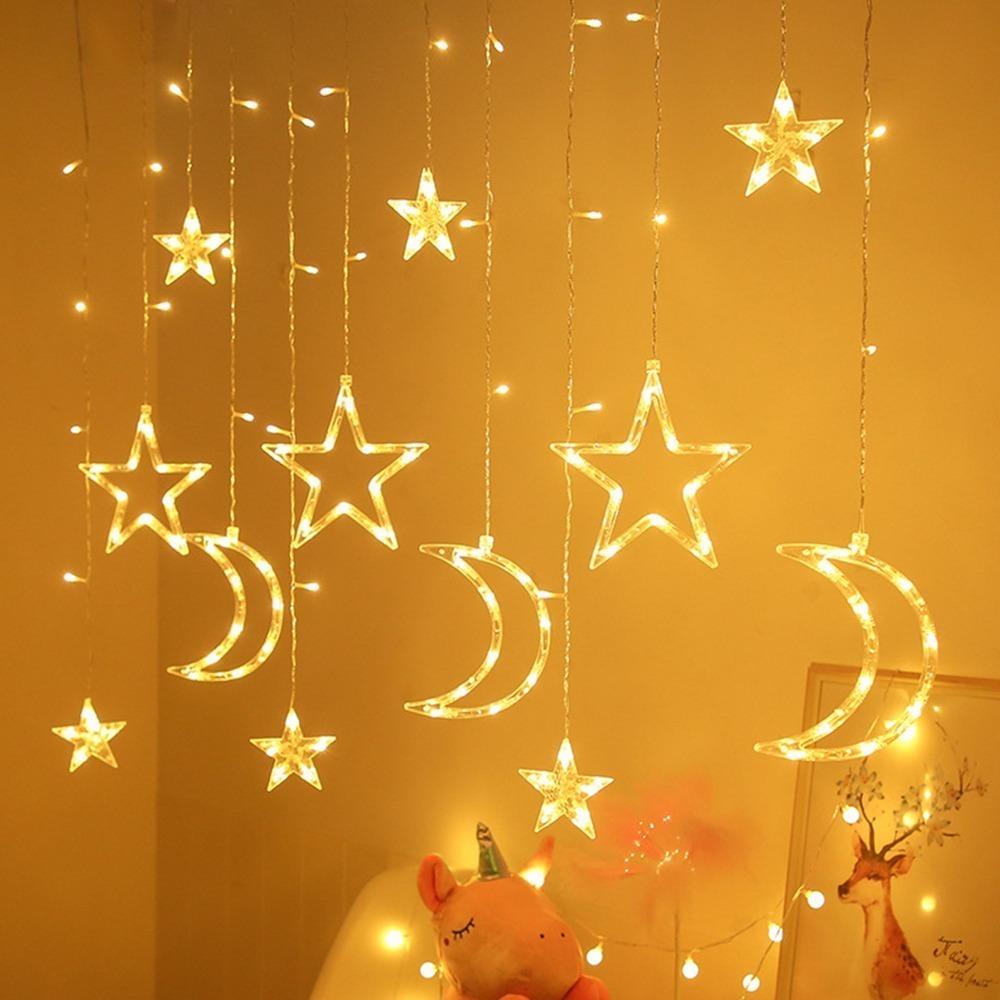 Warm White Star Moon Curtain String Lights 120 LED Fairy String Lights  Window Decoration