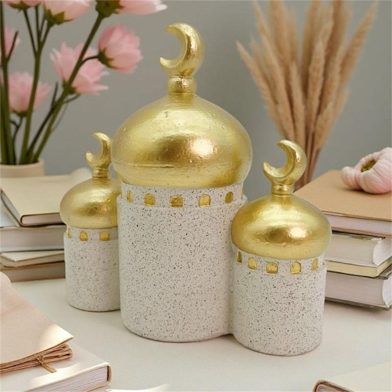 QX2E Gold und Weiß Moschee Turm Modell Tischornament Ramadan Dekorationen für Heimdekorationen Islamische Eid Mubarak Dekorationen