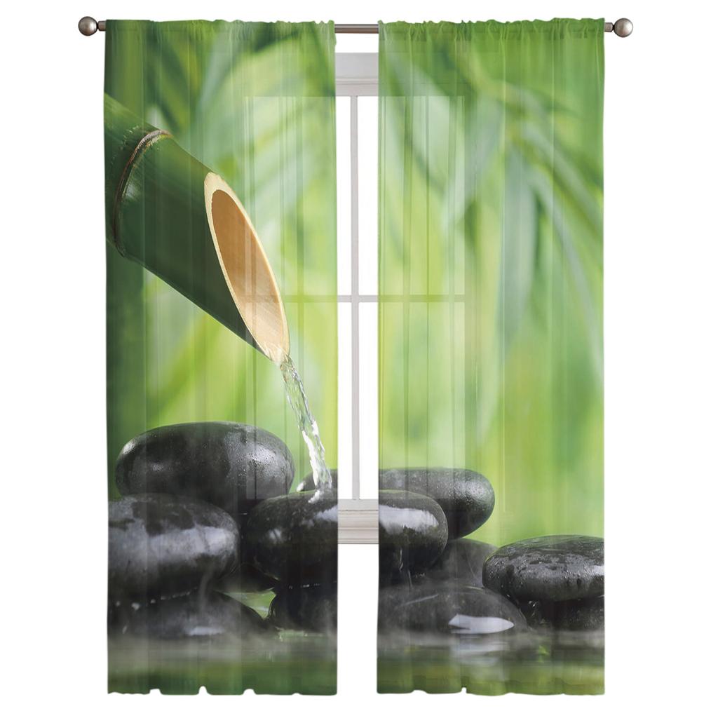 Bamboo Forest Water Stone Zen Tulle Window Treatment Sheer Curtains for Kitchen Living Room the Bedroom Curtains Decoration