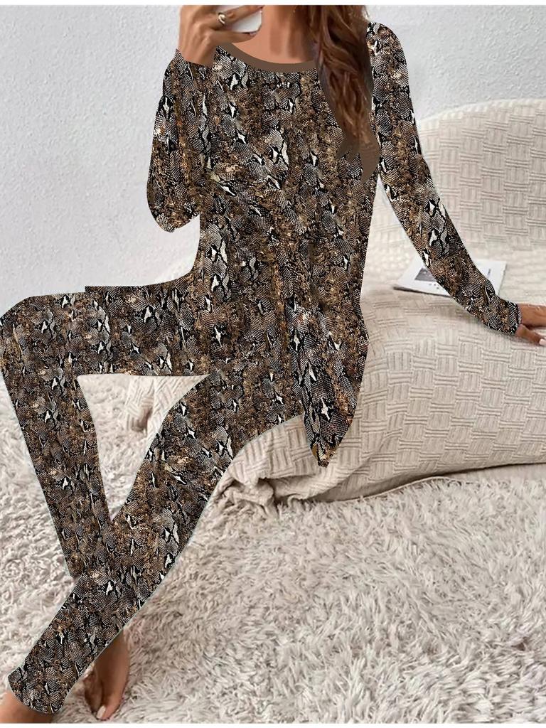 Euroamerikanische Mode 3D Leopardenmuster Damen Vier-Jahreszeiten Langarm T-Shirt + Lange Hose Zweiteiliges Set. Perfektes Geschenk