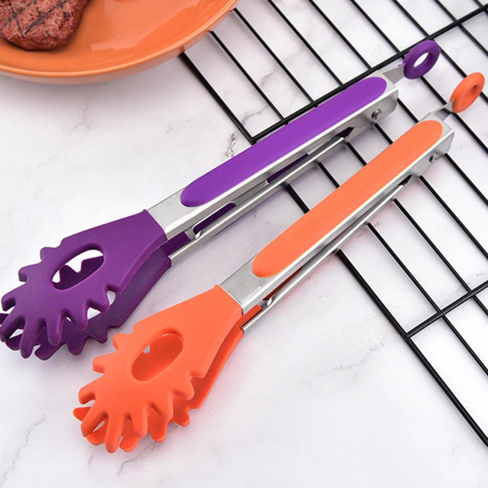 Stainless Steel Handle Non-Slip Silicone Food Serving Tongs Noodles Clamp BBQ Clips Pasta Tools