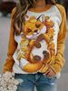 Women's 2024 Sleeves Stitching Fox Print Round Neck Long Sleeve Party Autumn Casual Pullover 3d Printing Casual Fashion Tops