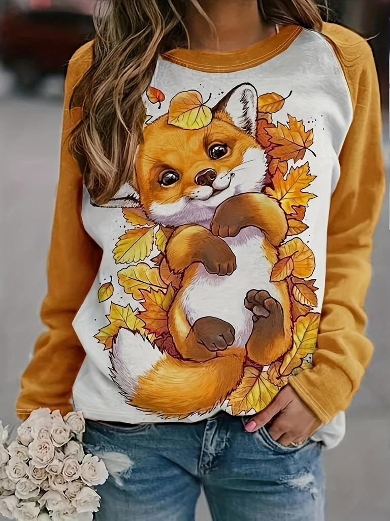 Women's 2024 Sleeves Stitching Fox Print Round Neck Long Sleeve Party Autumn Casual Pullover 3d Printing Casual Fashion Tops