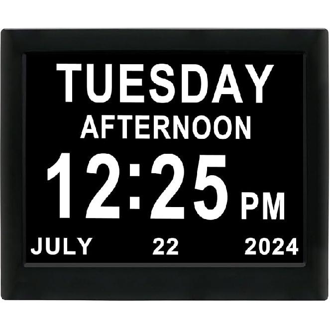 [Upgraded 10 Inch] Digital Day Calendar Clock Auto-Diming & 8 Alarms Options Extra Large Date Time Non-Abbreviations Dementia Impaired Vision Senior