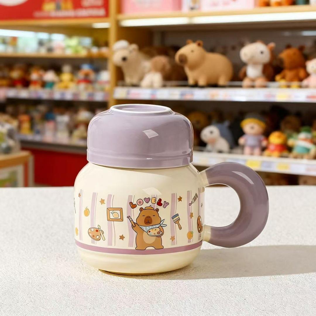 

Dust-proof ceramic cup with lid, cute cartoon animal mug, household set, water cup, office drinking cup, small gift. ≈520ml
