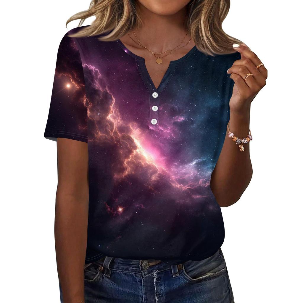 Damska Koszulka z Nadrukiem Guziki Krótki Rękaw Codzienna Weekendowa Moda Podstawowy Dekolt V Regularny Top