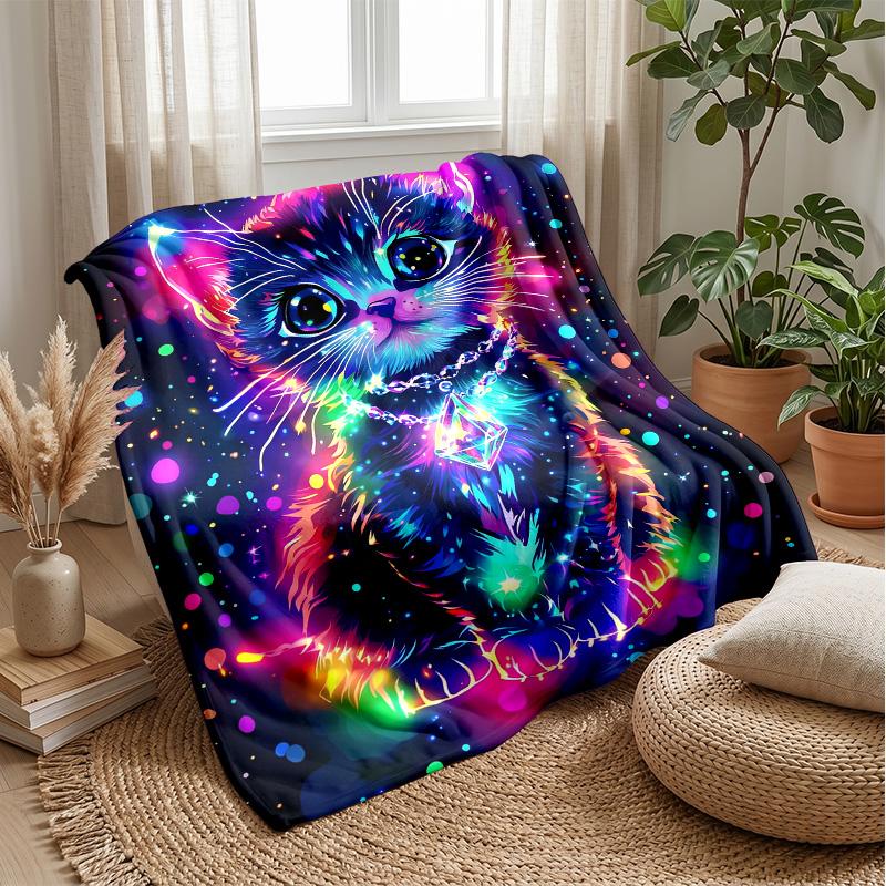 Neon Cats In Space Theme Blanket Lightweight Warm Flannel Blanket Decorative Throw Blanket for Home Decoration