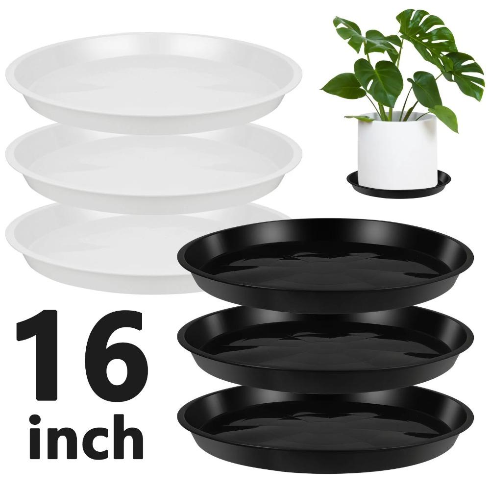 6-pack plastic plant trays, 16-inch drip trays, perfect for indoor plants, stop water drips and pot overflows (3 black, 3 white) Pack of 6