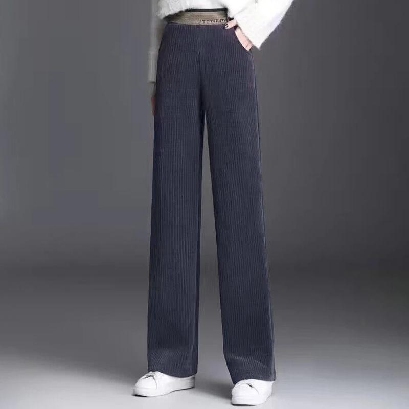 Fleecing Plush Thick Warm Letter Stripes High Waist Corduroy Straight OL Wide Leg Long Pant Women Winter Casual Trouser Clothing