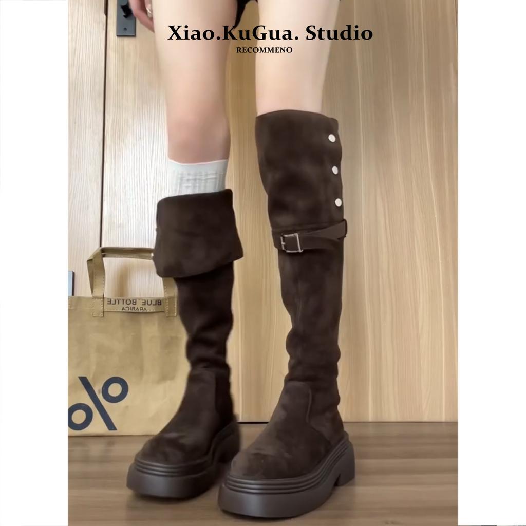Thick-soled boots women's autumn four seasons but knee suede boots women's thin tall knight boots