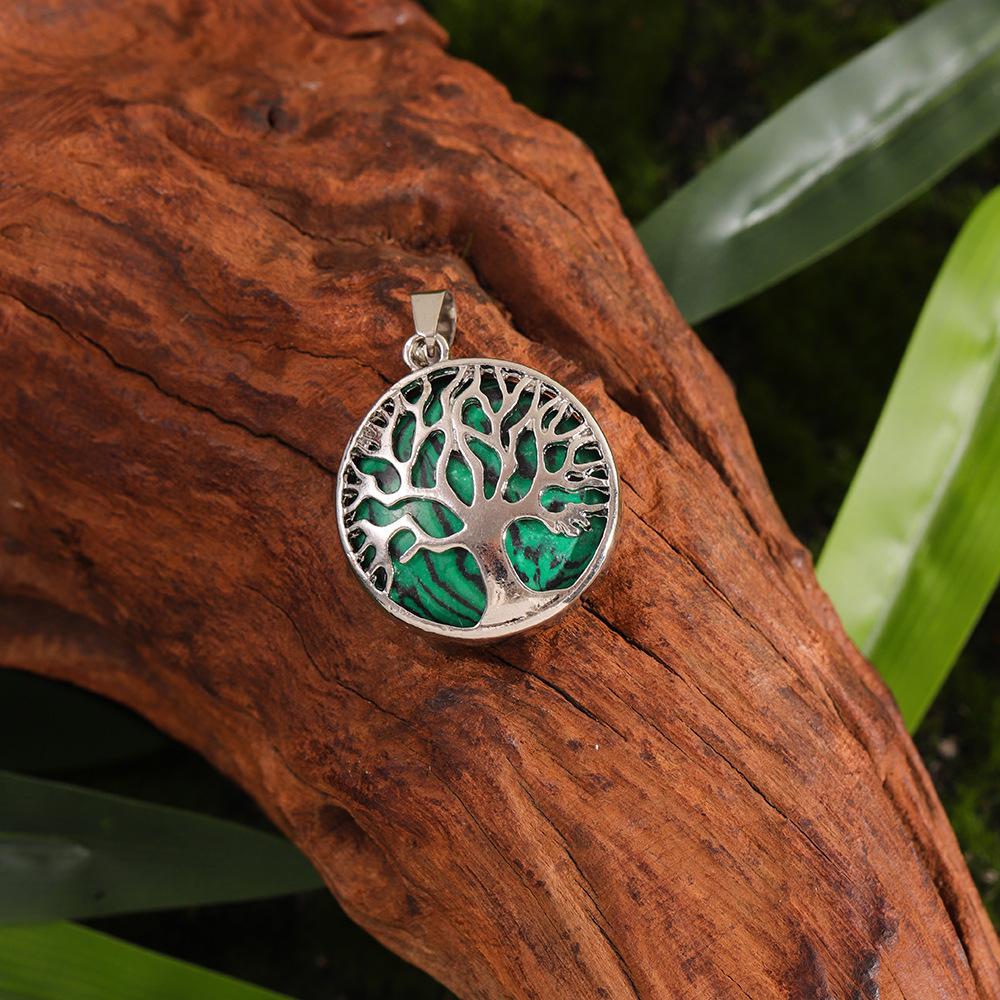 Cross Hollow Life Tree Pendant: Natural Crystal Agate Money Tree Necklace, Natural Stone Round Wishing Tree Pendant.