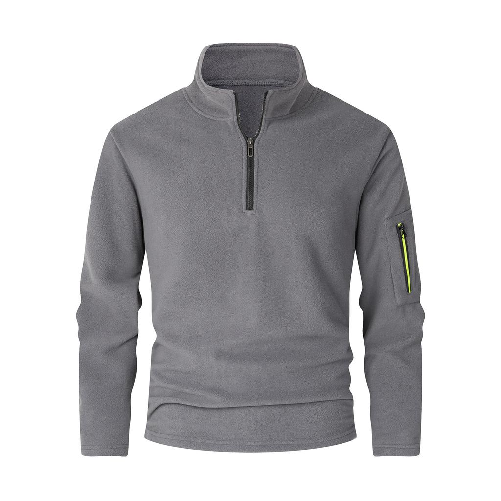 European and American Loose Solid Color Simple Sweatshirt Autumn Warm Stand Collar Zipper Thick Fleece Pullover Men's Top