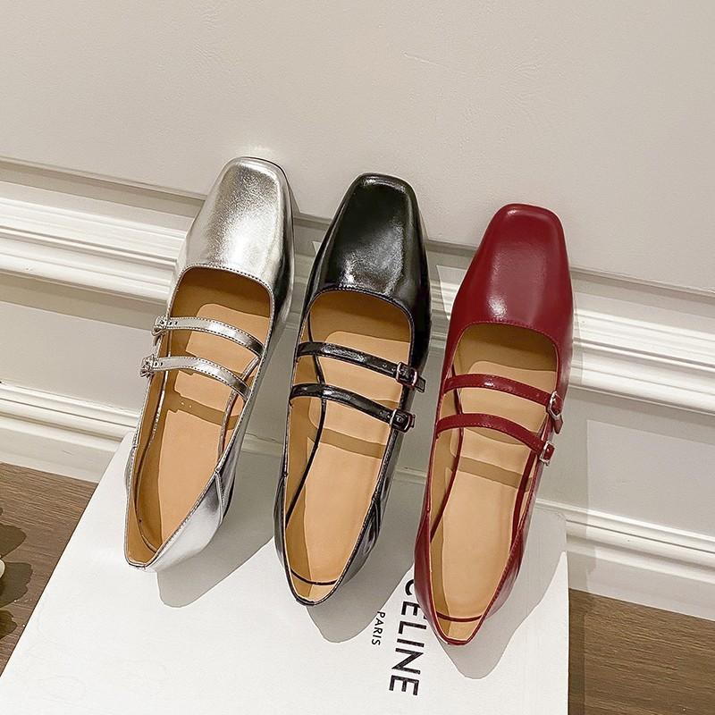 2024 Spring New Women Shoes Fashion Square Toe Shallow Ladies Mary Jane Ballerinas Vintage Style Low-heeled Casual Single Shoes
