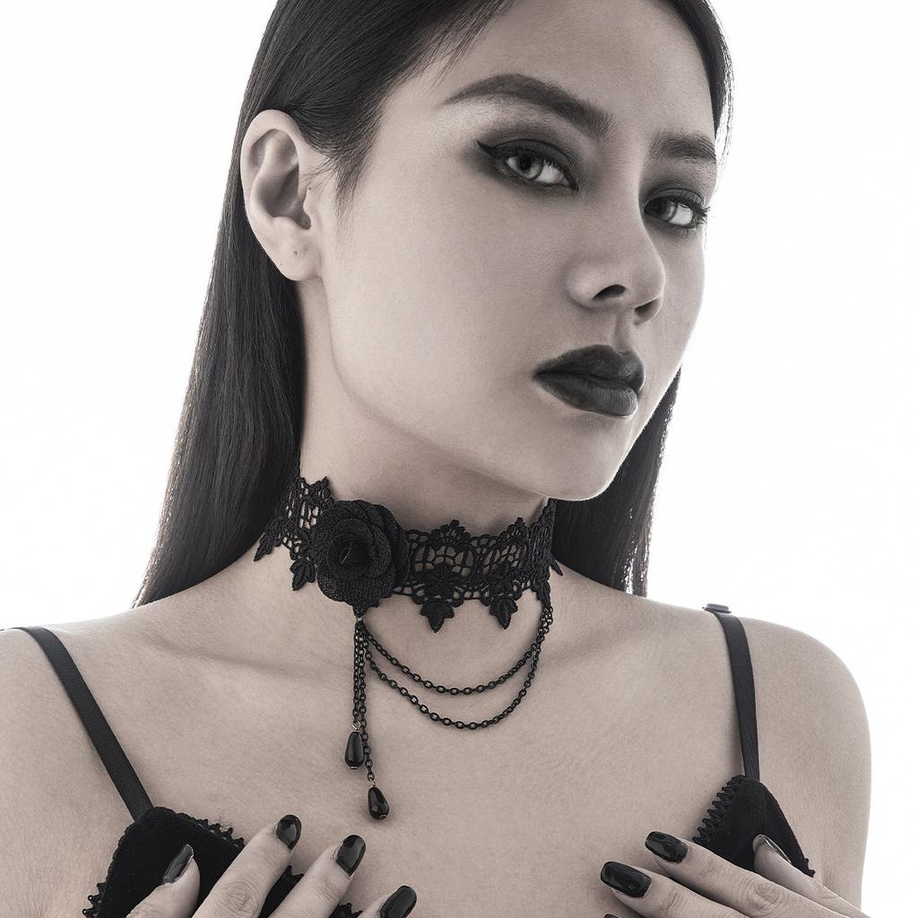 Gothic Retro Court Oval-shaped Hollowed-out Lacework Pendant Black Water Drop Bead Tassel Flower Lace Necklace for Women Jewelry
