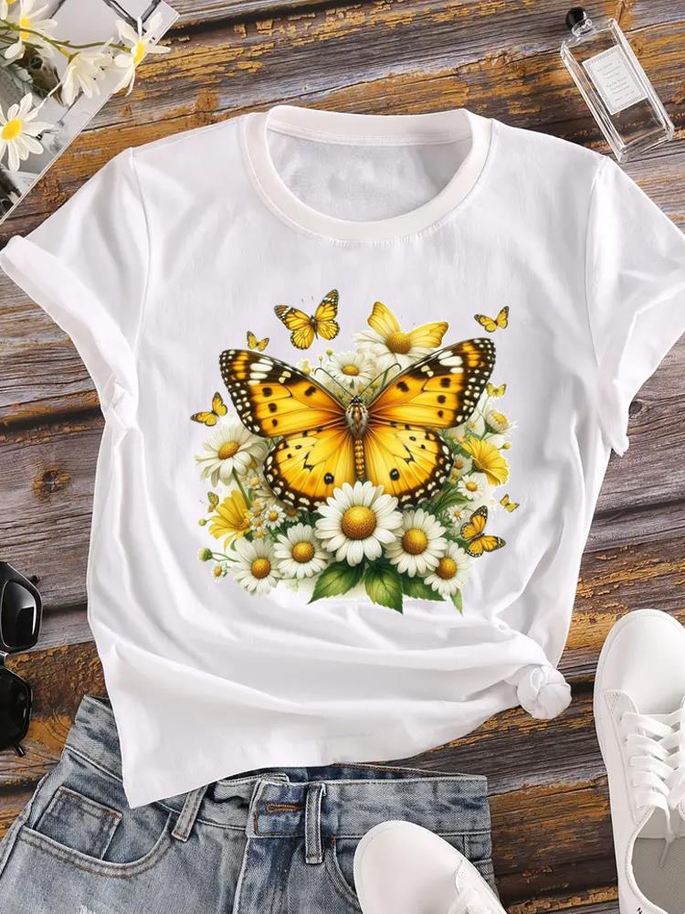 (Asian Size) trend butterfly style o-neck T Shirt Printed Female Top Lady Clothing Casual Fashion Women Graphic Tee Short Sleeve T-shirts