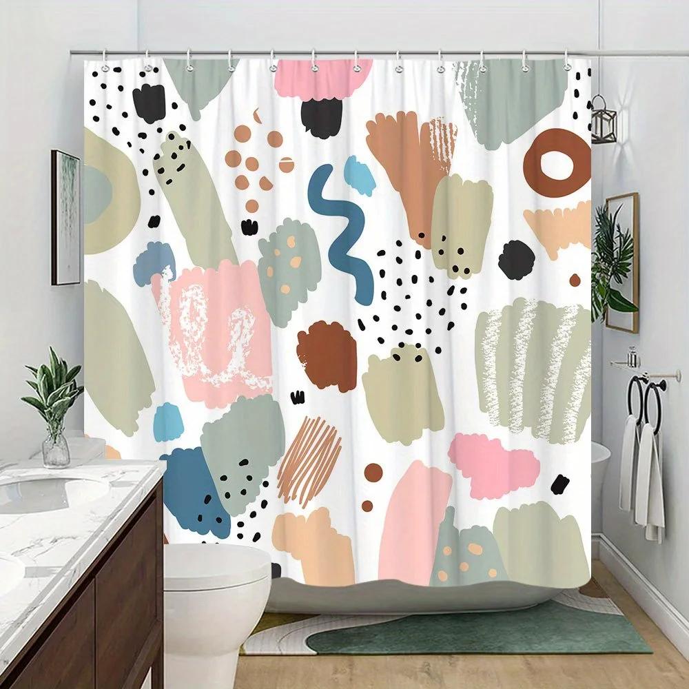 1pc Abstract Art Shower Curtain - Hand-Painted Brushstrokes & Blobs, Pastel Pink/Blue/Brown/Beige, Modern Whimsical Design