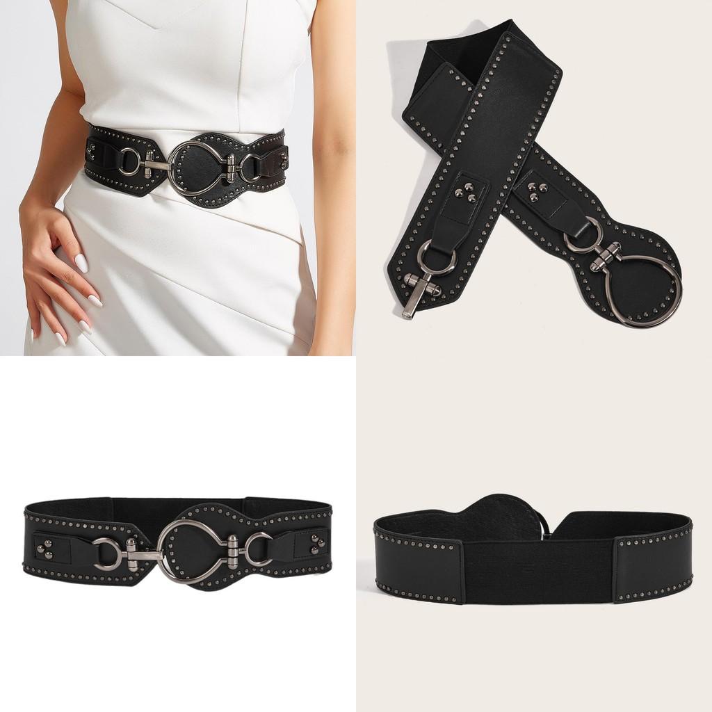 Fashion Color Solid Large Circular Buckle And Rivet Design Women Wide Waistband