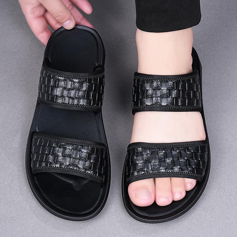 

Men Black Leather Slippers Flats Summer Brown Sandals Outdoor White Wide Head Beach Shoes for Father Over Sized 46 47 48 EU:45 чёрный