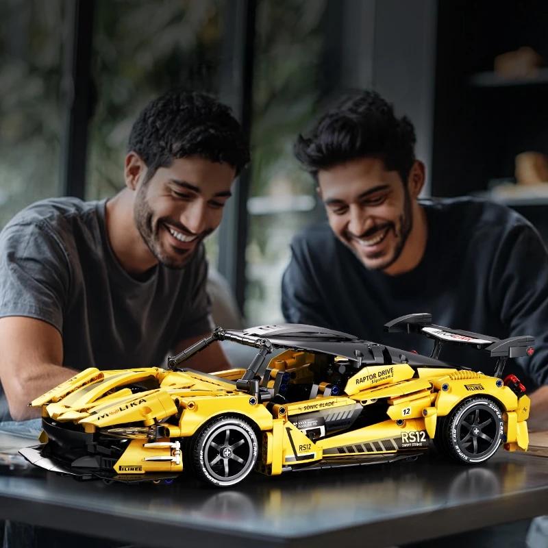 Non-Toxic Technical City Yellow Racing Car Building Blocks Set Moc Model Super Vehicle Toys Birthday Christmas Halloween Gifts Kid Adult