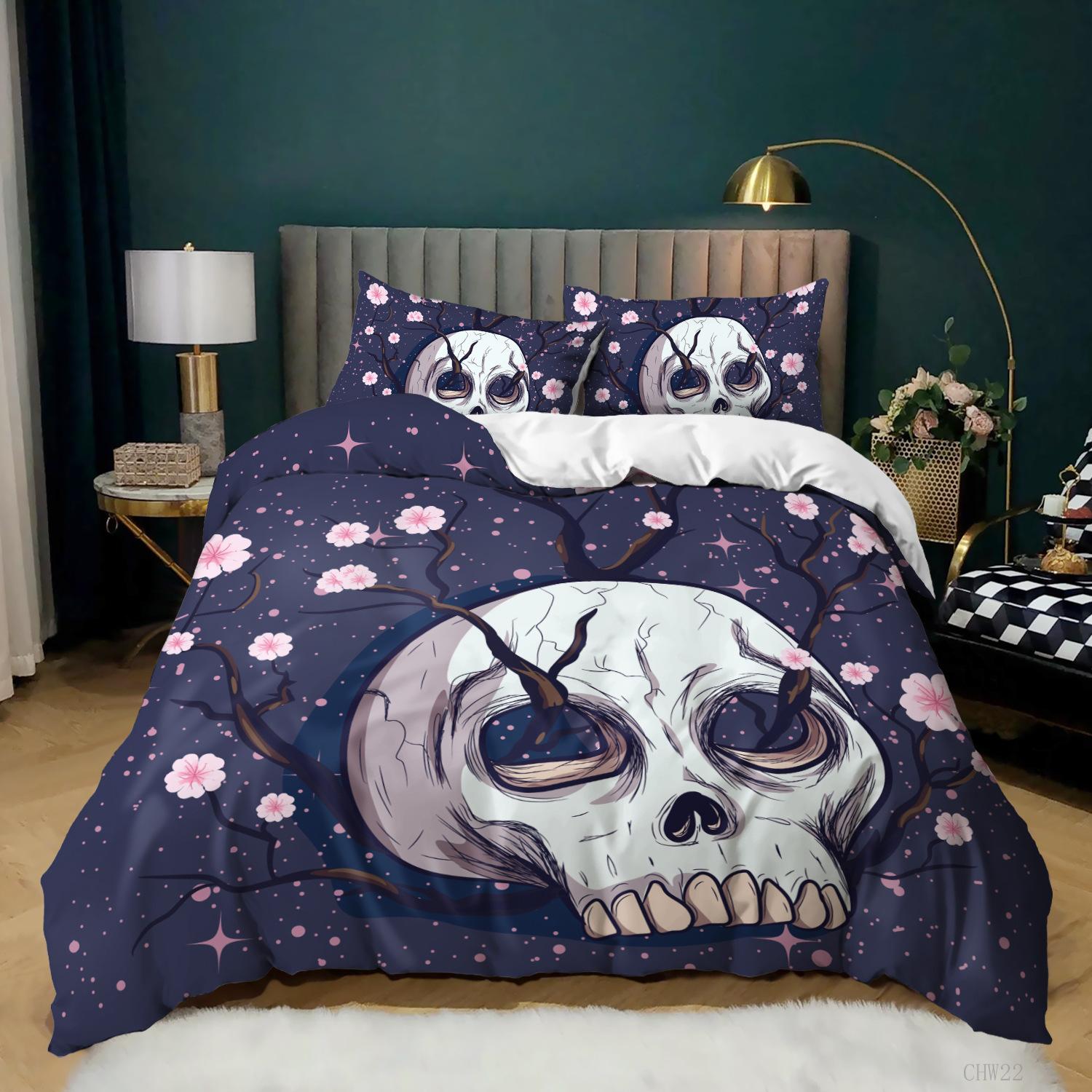 Halloween Skull Three-Piece Home Textiles Bedding Quilt Cover Pillowcase 135 * 200 (two-piece set) 90g