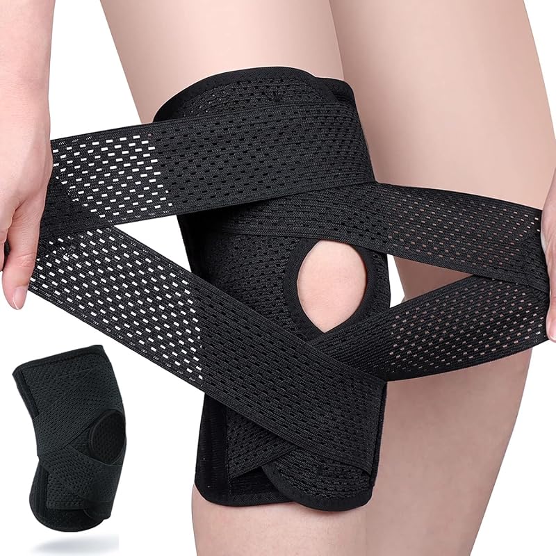 Knee Brace with Side Stabilizers, Professional Knee Compression Support Brace for Men Women, Adjustable Knee Wrap with Patella Pad, Relief Pain for M
