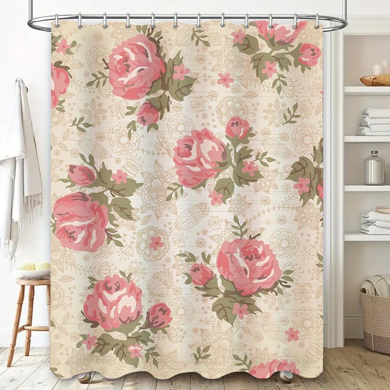 Vintage Floral Shower Curtain Decorative Bath Towel Waterproof Printing Bathroom Decoration Pink Rose Print Wall Hanging (180x24