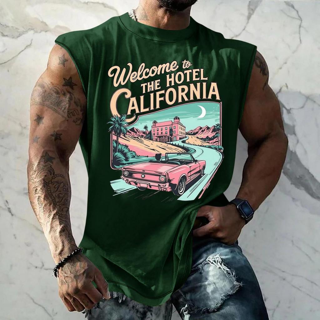 Men Sleeveless Tank Top Loose Fit Breathable Muscle Shirt Vintage Graphic Print Casual Streetwear Summer Sportswear